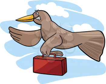 Royalty Free Clipart Image of a Bird Flying With a Suitcase