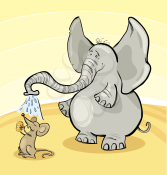 Royalty Free Clipart Image of a Mouse Having a Shower Under an Elephant's Trunk