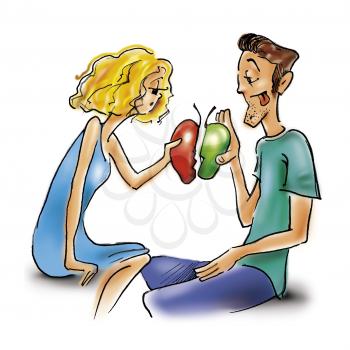 Royalty Free Clipart Image of a Couple With Two Halves of a Broken Heart