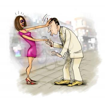Royalty Free Clipart Image of a Man Trying to Kiss a Woman's Hand and the Woman Pushing Him Away