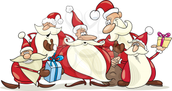 Royalty Free Clipart Image of a Group of Santas