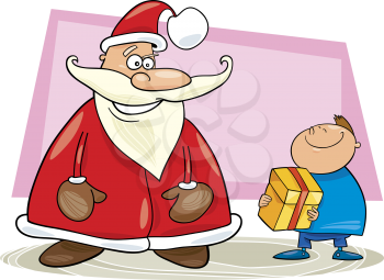 Royalty Free Clipart Image of Santa Giving a Gift to a Boy