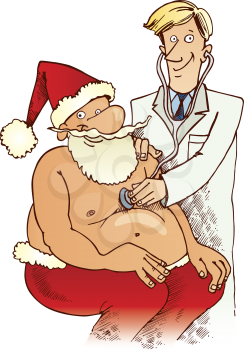 Royalty Free Clipart Image of Santa Claus at the Doctor Having His Heart Checked