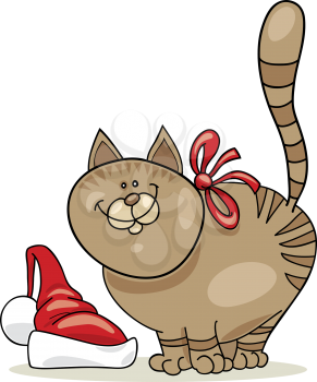 Royalty Free Clipart Image of a Cat With a Santa Hat