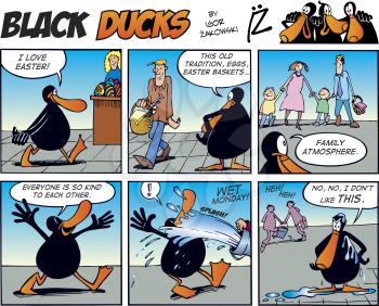 Royalty Free Clipart Image of an Easter Black Ducks Comic Strip