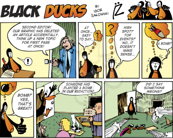 Royalty Free Clipart Image of a Black Ducks Cartoon