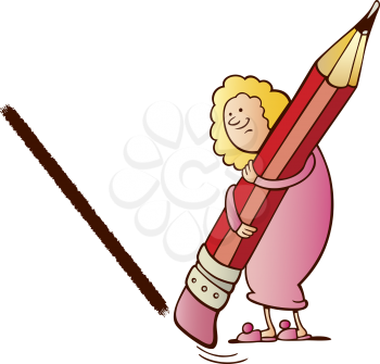 Royalty Free Clipart Image of a Woman Erasing a Line With a Large Pencil