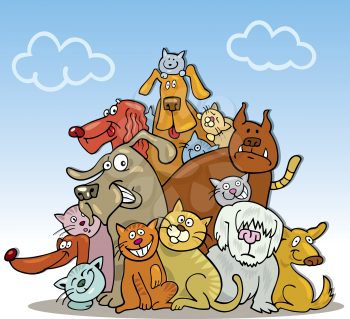 Royalty Free Clipart Image of a Group of Cats and Dogs