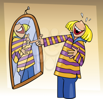 Royalty Free Clipart Image of a Girl Laughing at a Mirror