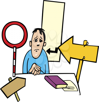 Royalty Free Clipart Image of a Person at a School Desk With Signs Around Him