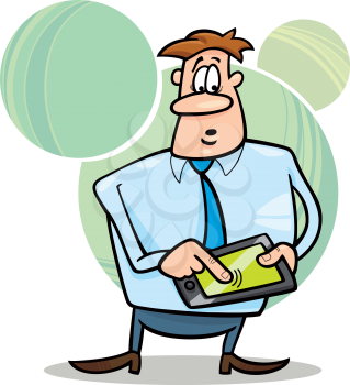 cartoon humorous illustration of businessman with tablet