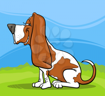 Cartoon Illustration of Funny Purebred Spotted Basset Hound Dog against Blue Sky and Green Grass