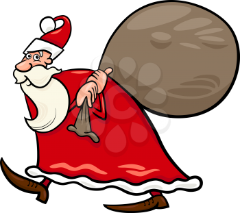 Cartoon Illustration of Santa Claus or Papa Noel with Gifts in Sack for Christmas