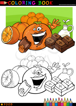 Coloring Book or Page Cartoon Illustration of Funny Food Characters Oranges and Chocolate Pieces for Children Education