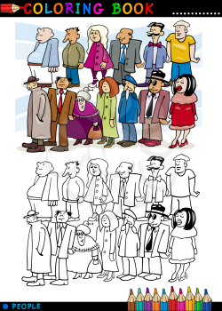 Coloring Book or Page Cartoon Illustration of People Group Staying in Queue