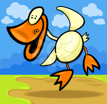 Cartoon Illustration of Funny Dancing Playful Duck or Duckling against blue sky