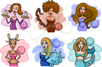 Cartoon Illustration of Horoscope Zodiac Signs with Beautiful Women