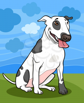 Cartoon Illustration of Funny Spotted Bull Terrier Dog against Blue Sky