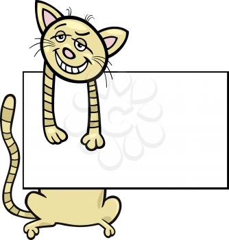 Cartoon Illustration of Funny Cat with White Card or Board Greeting or Business Card Design Isolated