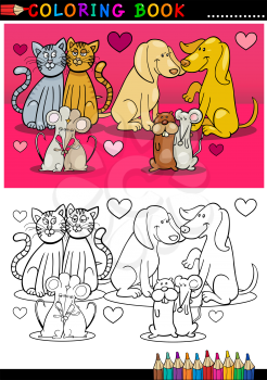 Valentines Day Themes of Animals or Pets in Love Colorful and Black and White Cartoon Illustrations for Coloring Book