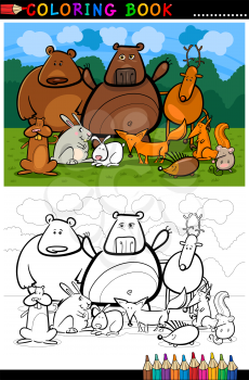 Cartoon Illustration of Funny Forest Wild Animals like Bears, Hedgehog, Deer, Hare and Fox for Coloring Book or Coloring Page