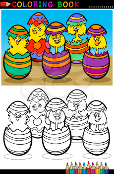 Cartoon Illustration of Five Little Yellow Chickens or Chicks in Colorful Eggshells of Easter Eggs for Coloring Book