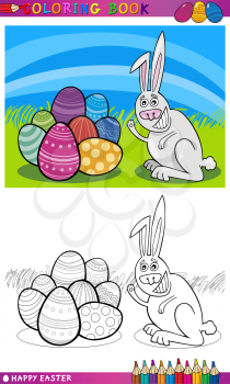 Coloring Book or Page Cartoon Illustration of Easter Bunny with Painted Eggs