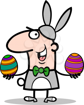 Cartoon Illustration of Funny Man in Easter Bunny Costume with Easter Eggs in his Hands