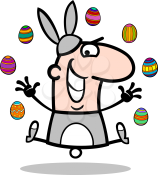 Cartoon Illustration of Funny Man in Easter Bunny Costume with Easter Eggs