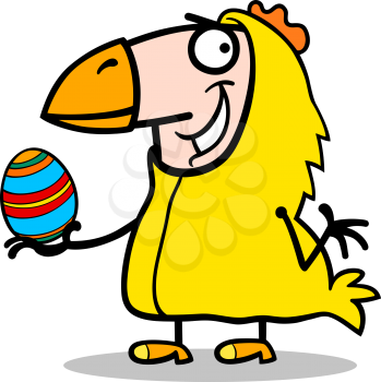 Cartoon Illustration of Funny Man in Easter Chicken Costume with Easter Egg
