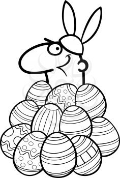 Black and White Cartoon Illustration of Funny Man in Easter Bunny Costume in Easter Eggs heap for Coloring Book