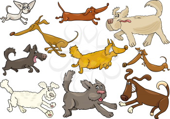 Cartoon Illustration of Different Playful Running Dogs or Puppies Set