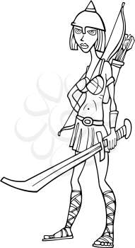 Black and White Cartoon Illustration of Warrior Woman or Sexy Girl in Knight Costume