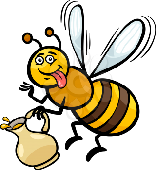 Cartoon Illustration of Funny Bee with Pot of Honey or Nectar