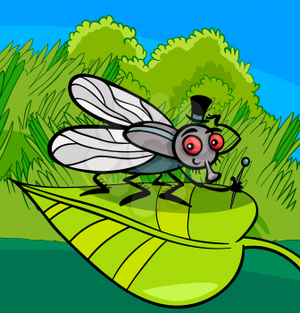 Cartoon Illustration of Funny Fly or Housefly with Hat and Cane