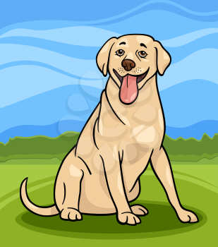 Cartoon Illustration of Funny Labrador Retriever Dog against Blue Sky and Rural Scene