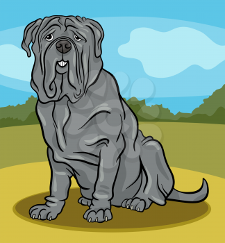 Cartoon Illustration of Cute Neapolitan Mastiff Purebred Dog against Rural Scene