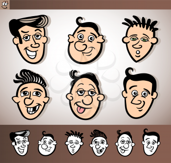 Cartoon Illustration of Funny People Set with Men Heads plus Black and White versions