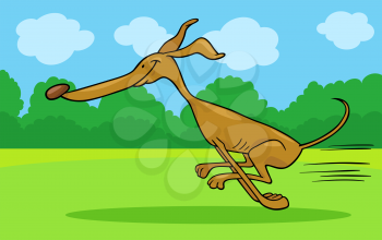 Cartoon Illustration of Funny Purebred Running Greyhound Dog against Rural Scene with Blue Sky and Green Grass