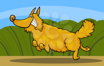 Cartoon Illustration of Funny Running Shaggy Dog against Rural Scene