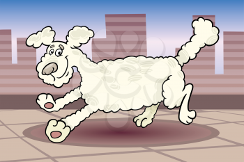 Cartoon Illustration of Cute Running Poodle Dog against Urban Scene of City with Buildings
