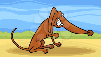 Cartoon Illustration of Funny Smiling Mongrel Dog against Rural Landscape