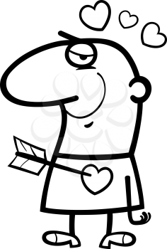 Black and White Cartoon St Valentines Illustration of Funny Man in Love with Cupid Arrow in his Heart