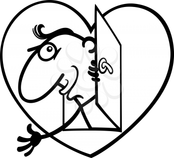 Black and White Cartoon St Valentines Illustration of Funny Man in Love in Big Heart or Valentine Card