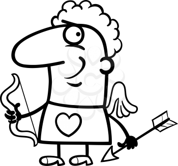 Black and White Cartoon Illustration of Funny Man in Cupid Costume with Bow and Arrow for Valentines Day