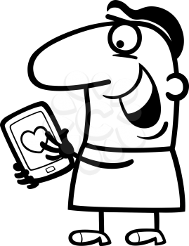 Black and White Cartoon Illustration of Funny Man Reading Love Message or Valentine on his Tablet PC for Valentines Day
