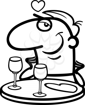 Black and White Cartoon Illustration of Funny Man Waiting in Restaurant for his Valentine on Valentines Day