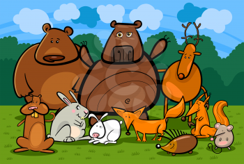 Cartoon Illustration of Funny Forest Wild Animals like Bears, Hedgehog, Deer, Hare and Fox against Forest, Meadow and Blue Sky