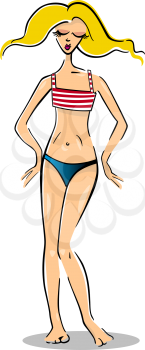 Cartoon Illustration of Cute Pretty Woman in Bikini or Swimsuit or Swimwear