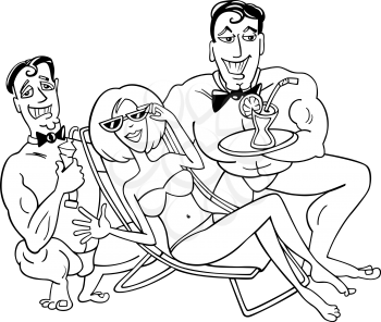 Black and White Cartoon Illustration of Cute Woman in Bikini on the Beach with Two Handsome Men